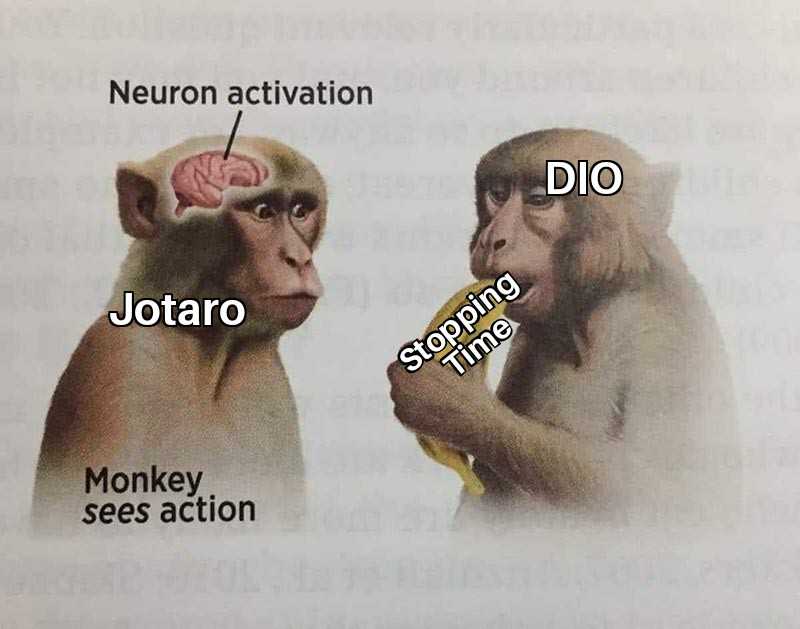 monkey eating a banana with a caption of the words jotaro and dio