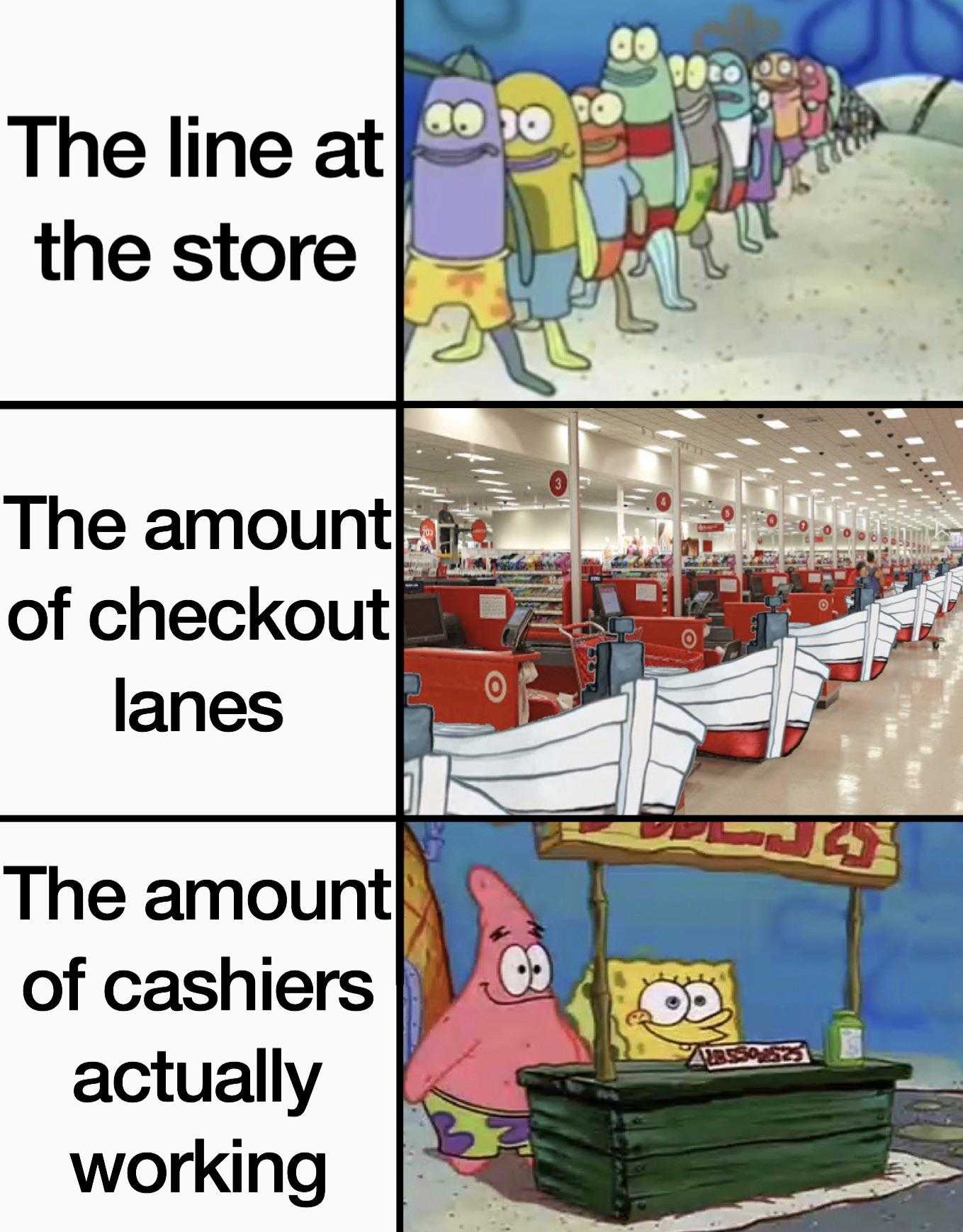 cartoon the line at the store the amount of checkout lanes the amount of cashier actually working