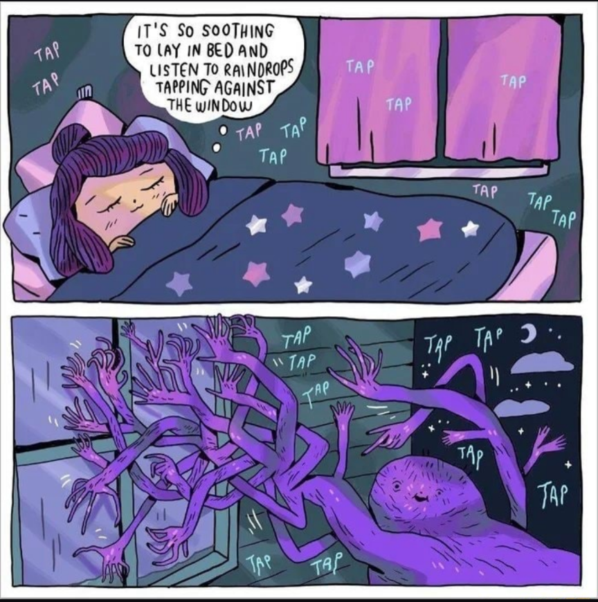 a cartoon of a woman laying in bed with a spider on her head