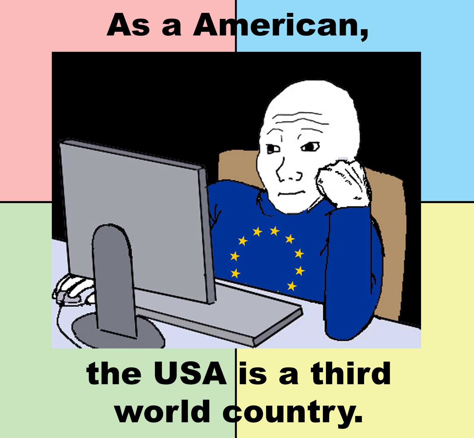 a cartoon picture of a man sitting at a computer with a european flag on it