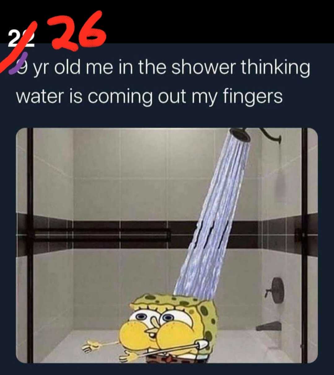 spongebob in a shower with a shower head and a hand held shower head