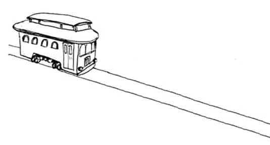 drawing of a bus on a road with a car on the side