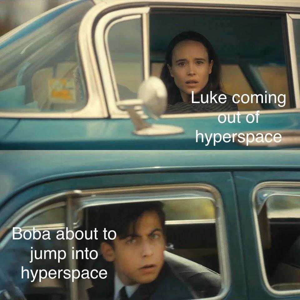 there is a man and a woman in a car with a caption that reads, luke coming out of hyperspace