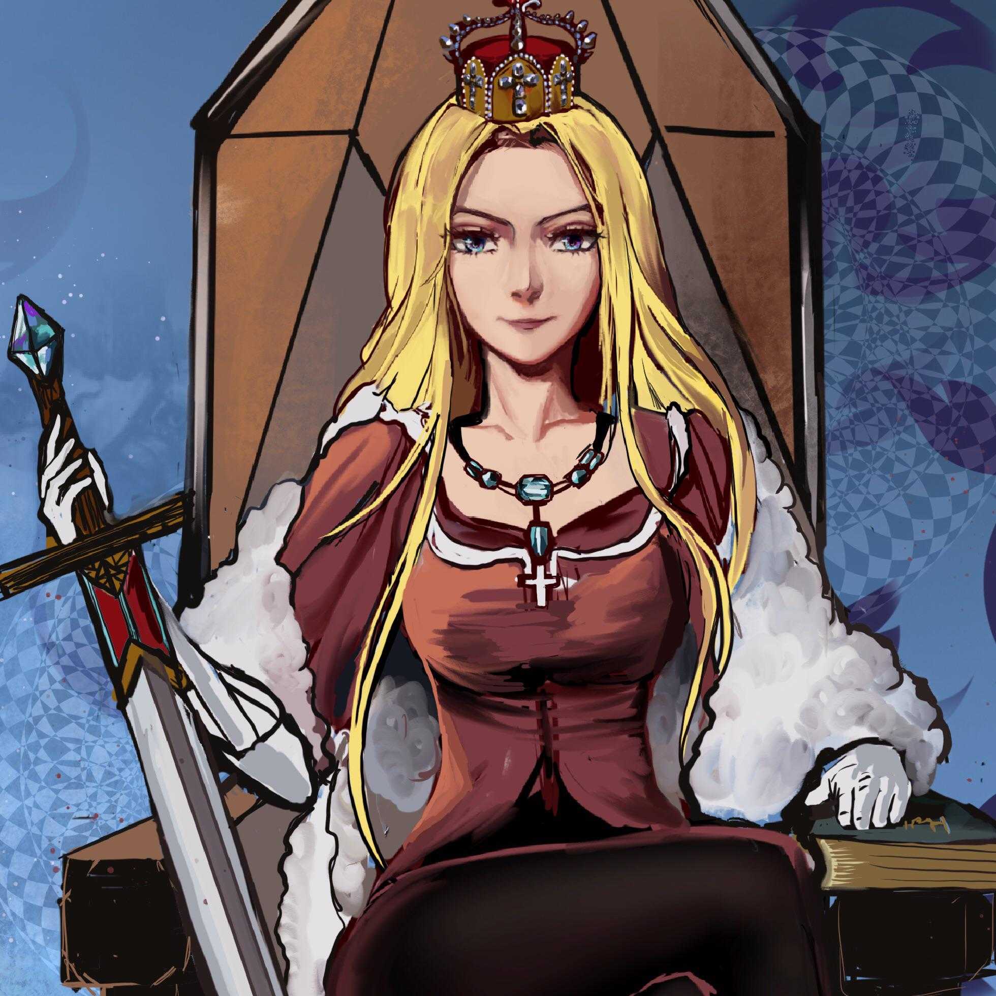 blond haired woman in a red dress sitting on a throne with a sword