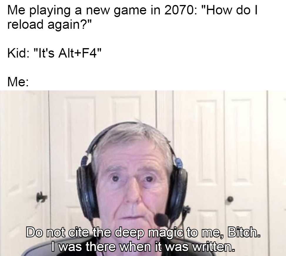 man wearing headphones and a microphone with a caption saying, ' i playing a new game in 70 how do i reload again? kid it ' s ahh? ' t ' t ' t ' t '