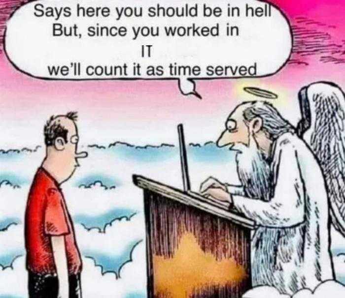 cartoon of a man standing at a podium with a laptop and angel