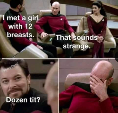 a picture taken from a star trek meme shows a man in a red shirt and a woman in a red dress