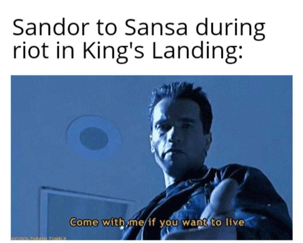 image of a man in a black shirt with a caption saying, ' sandor to santa during riot in king ' s landing come with me if you want to live ' t