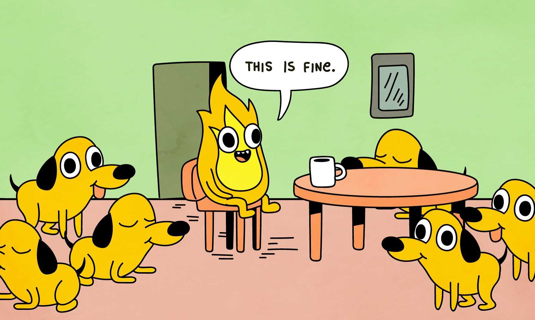 cartoon of a group of dogs sitting around a table with a cup of coffee