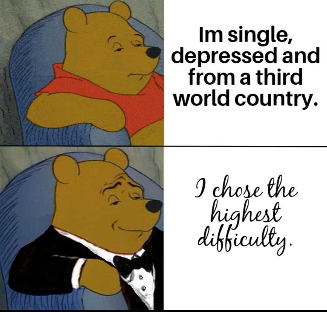 cartoon of a bear in a tuxedo with a quote that says, i ' m single, depressed and from a third world country