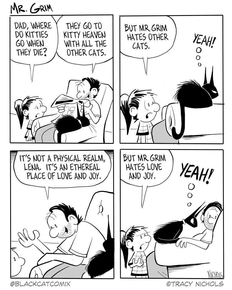 a cartoon strip of a man and woman in bed with a cat