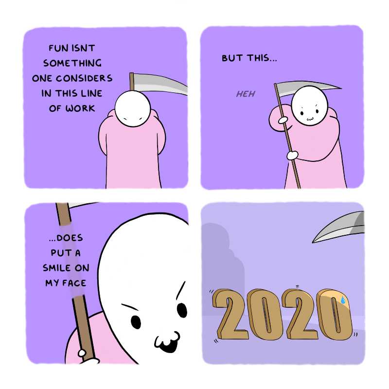 a cartoon of a person holding a scythe and a stick