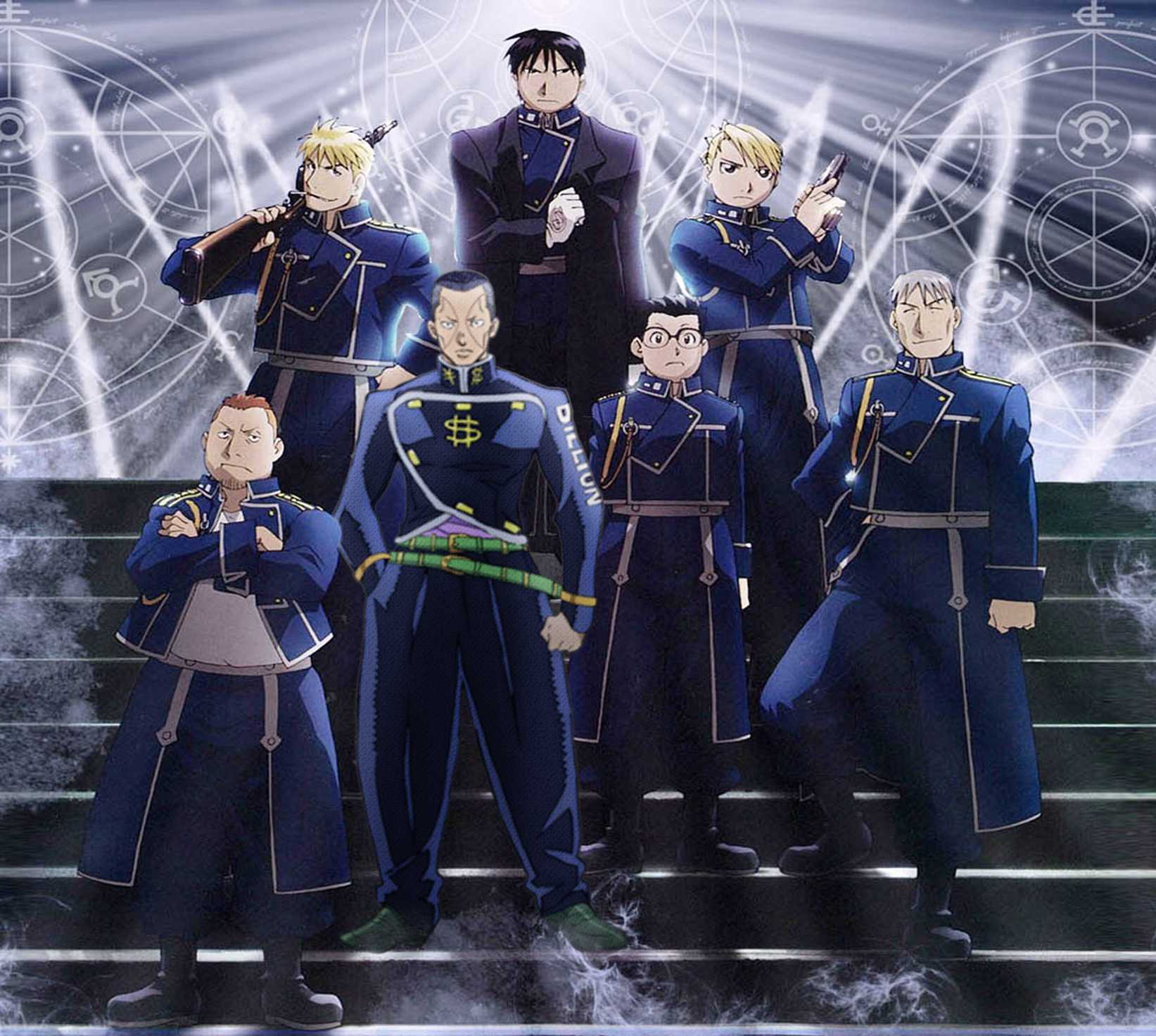 anime characters in blue uniforms standing on a stage with a light shining behind them