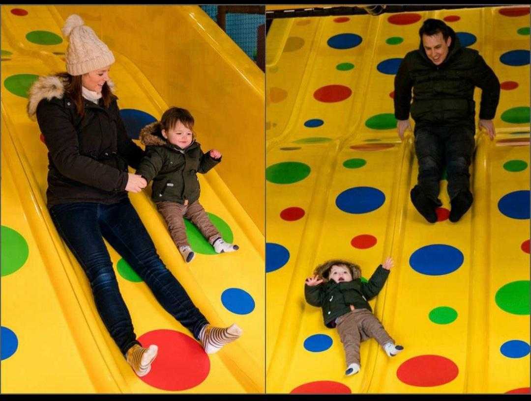 there are two pictures of a woman and a child on a slide