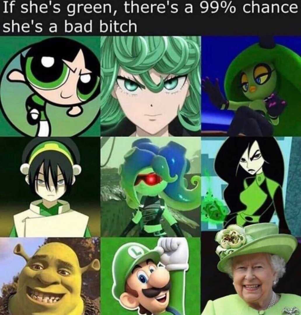 a collage of pictures of a woman with green hair and a hat