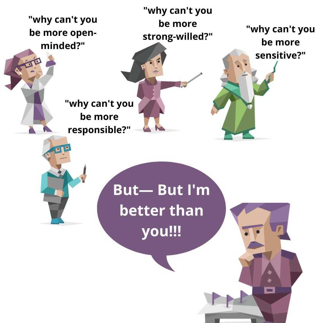 cartoon of a man and woman with a speech bubble saying, but - but - i ' m better than