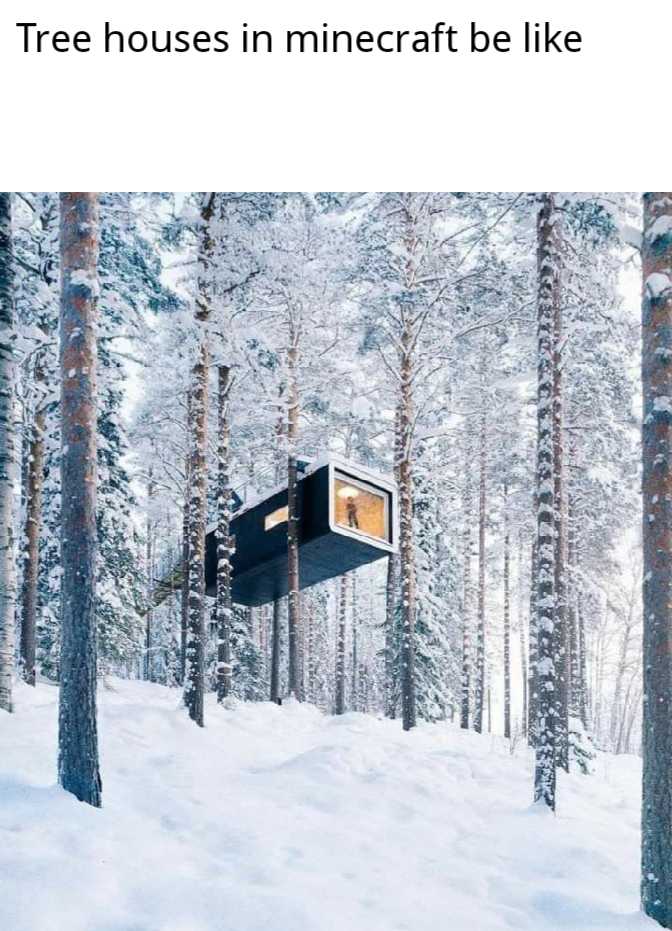 a close up of a tree house in the middle of a snowy forest