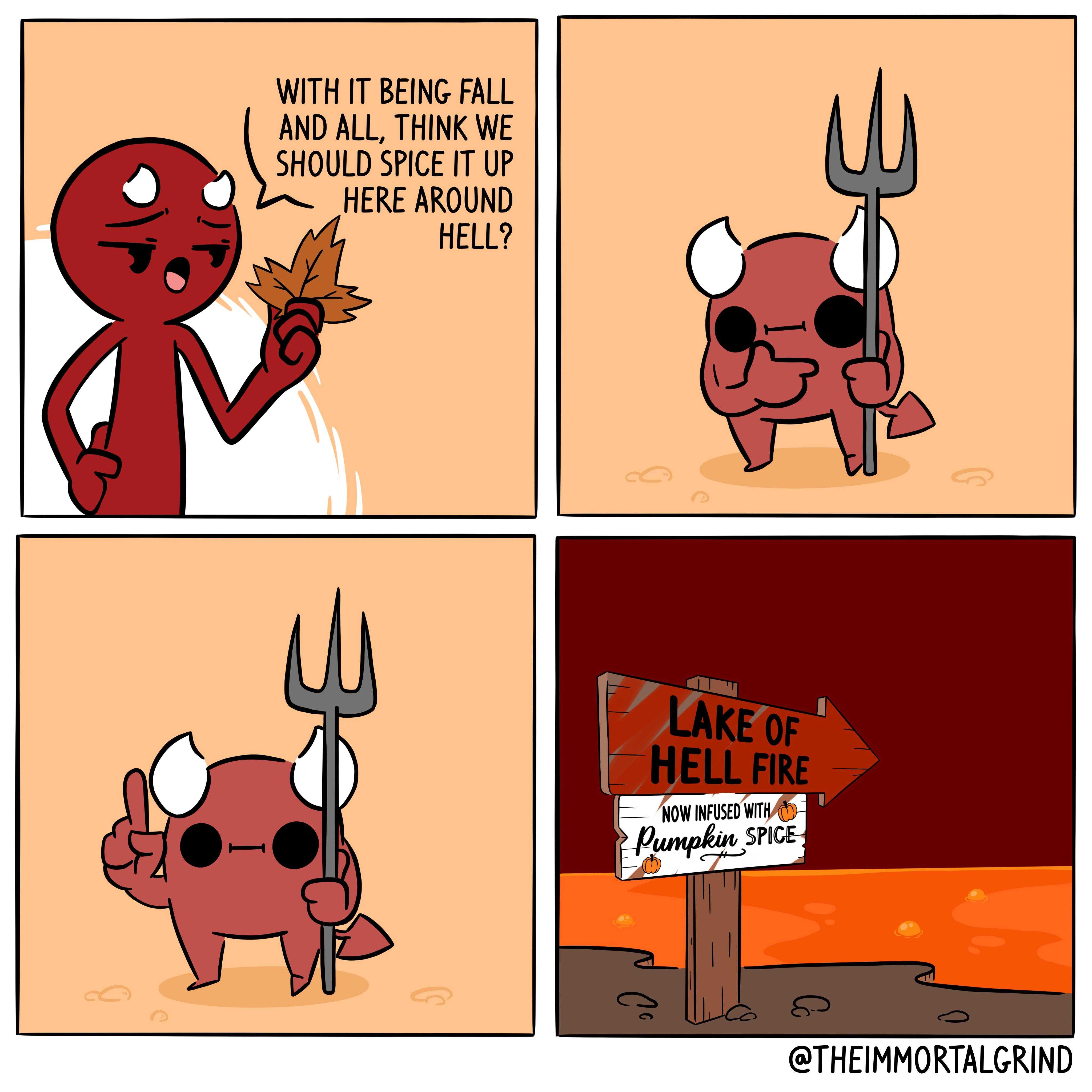 a cartoon of a little devil with a pitchfork and a sign