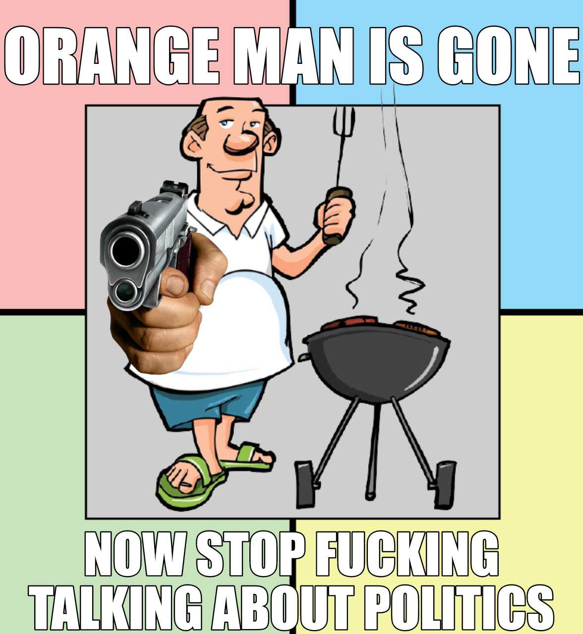 there is a man holding a gun and pointing at a grill