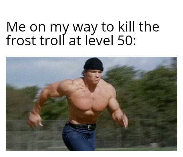 man running with a frisbee in his hand and a caption that reads me on my way to kill the frost troll at level 50