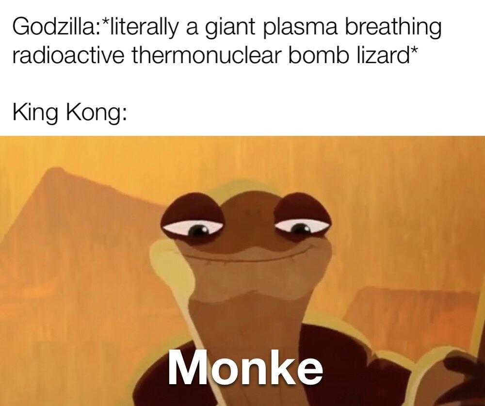 a cartoon picture of a monkey with a caption saying, godzilla literally a giant plasma breathing radioactive therm