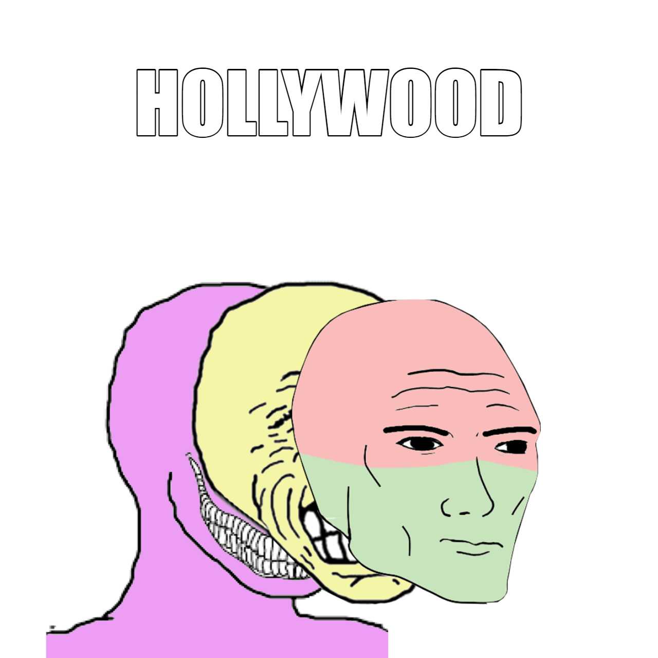 a cartoon drawing of a man with a face mask and a hollywood sign