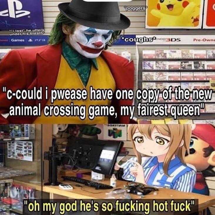 a picture taken from a video game store with a clown in a top hat