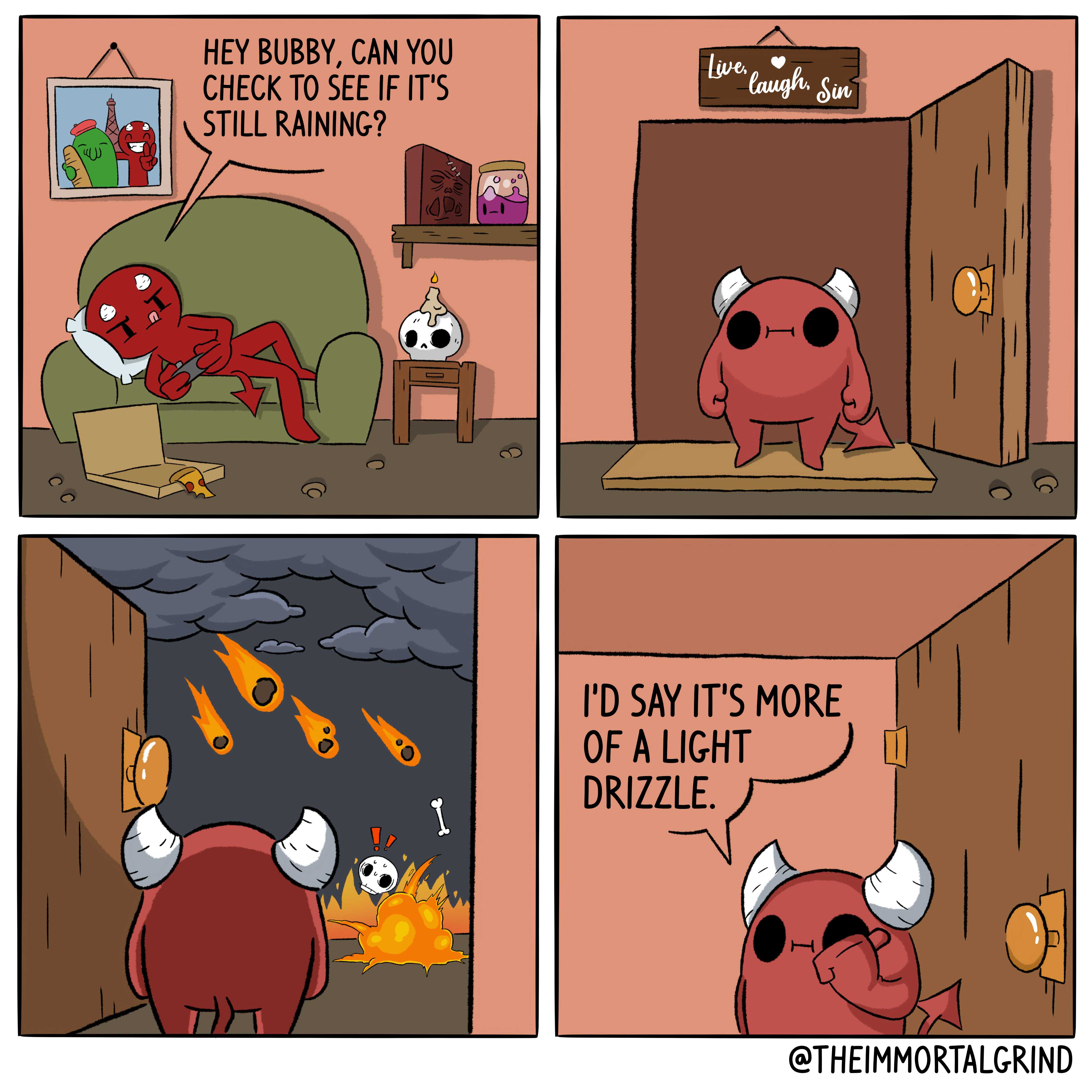 cartoon of a red devil in a room with a fire and a fire hydrant