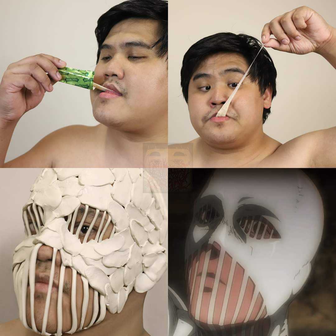 man with a white mask and a toothbrush in his mouth