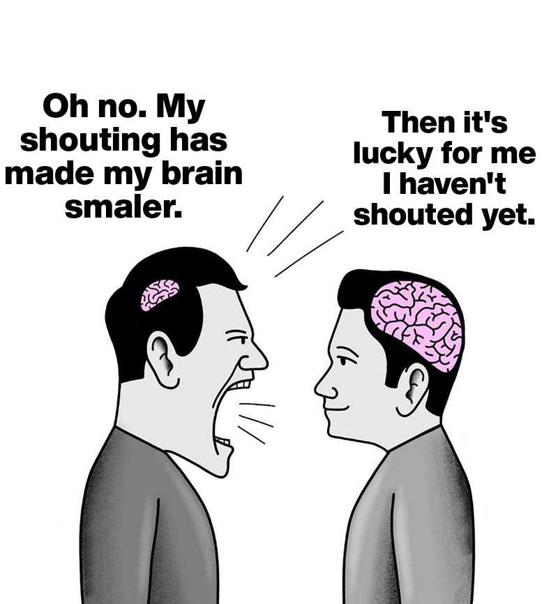 cartoon of two men with a brain on their head and one has a thought bubble