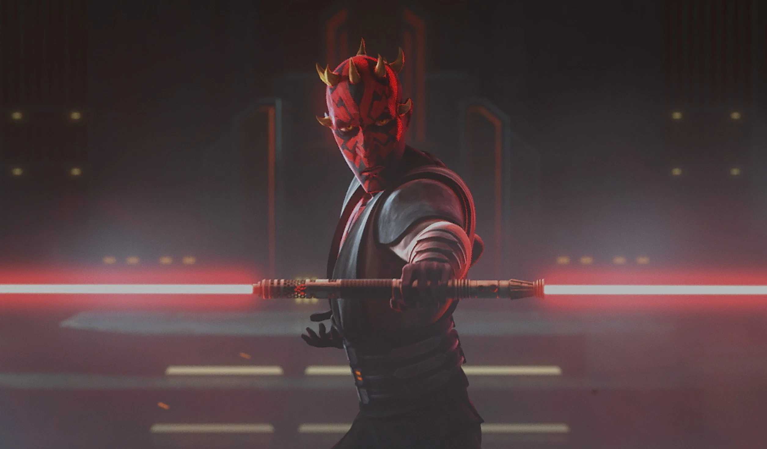 darth vader in a red light saber with a red light behind him