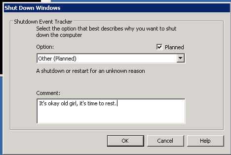 a screenshot of a window with a message that reads shutdown window