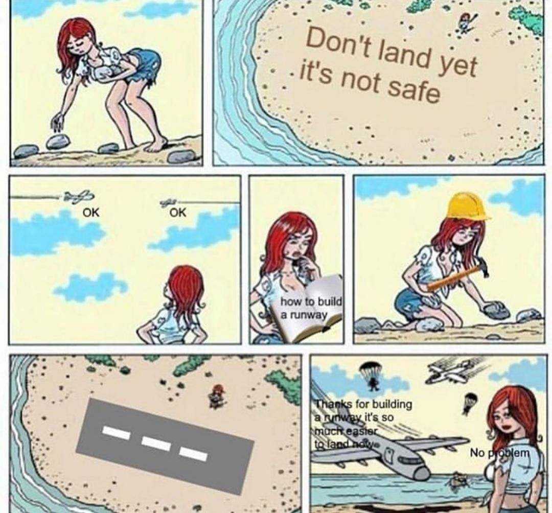 a cartoon of a woman on a beach with a sign saying don ' t land yet it ' s not safe