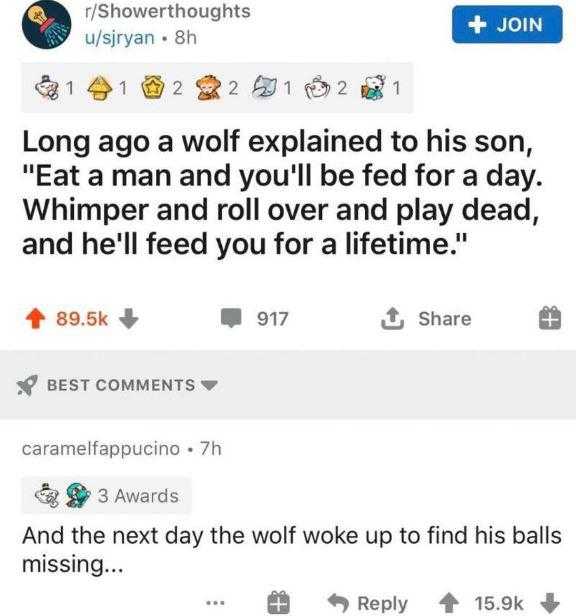 a screenshot of a tweet with a text that reads, ' long ago a wolf explained to