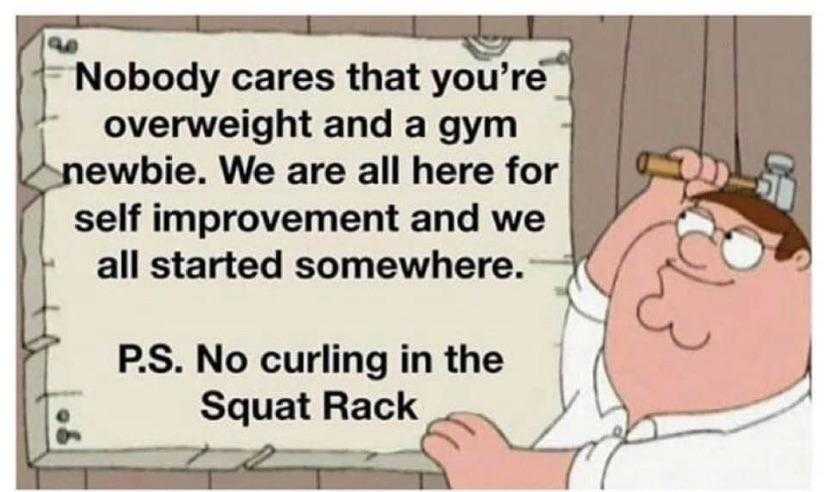 cartoon of a man holding a sign that says nobody cares that you ' re overweight and a gym ne