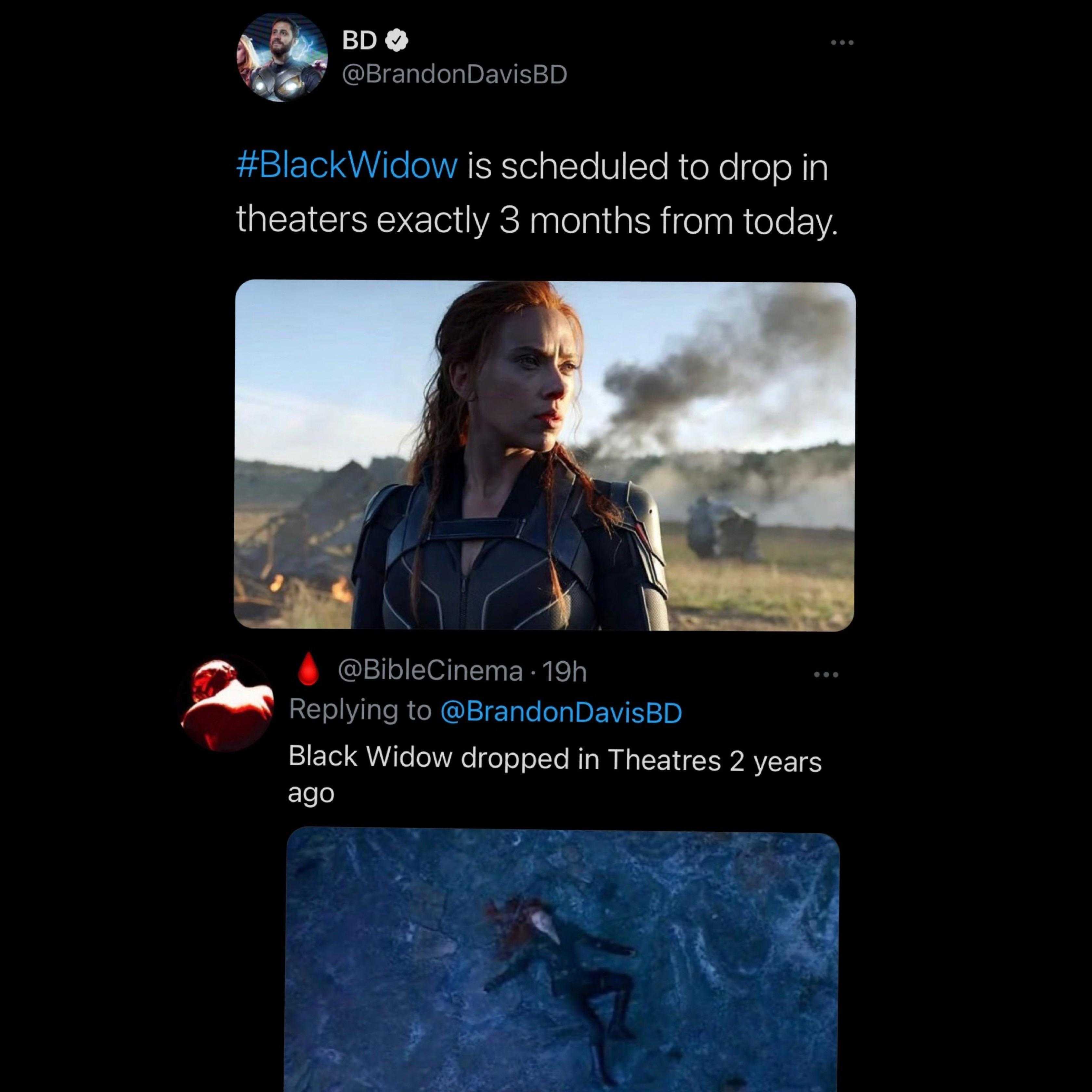 a screenshot of a twee with a picture of a woman in a black widow costume