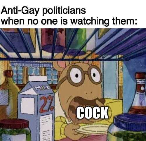 cartoon of a man eating a sandwich in a kitchen with a caption saying, anti gay politicians when one