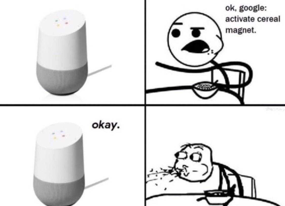 a cartoon of a google home device with a caption of a guy eating something