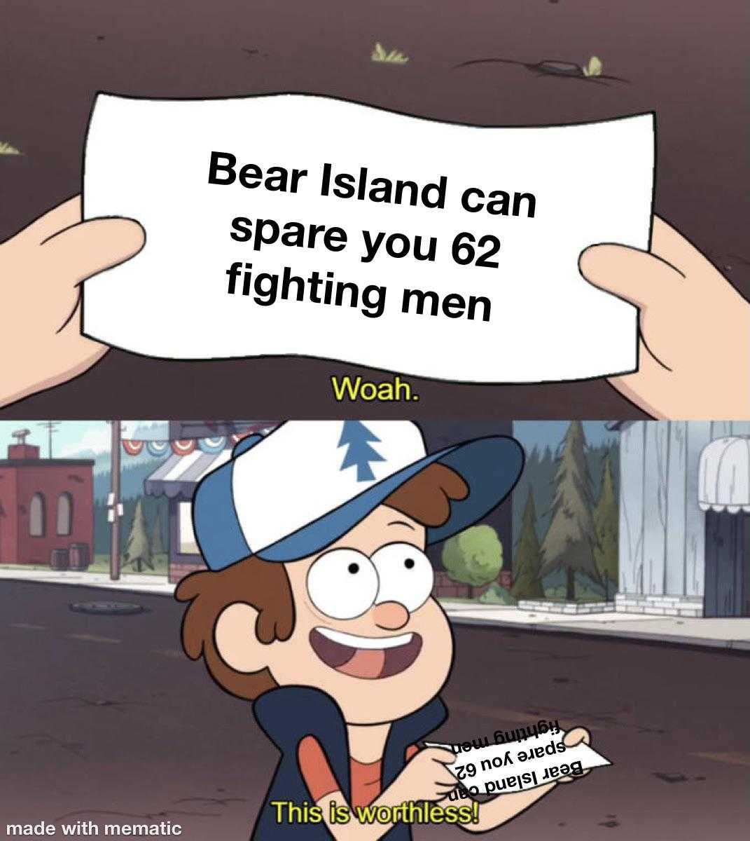 cartoon of a man holding a sign that says bear island can spare you 622 fighting men wear