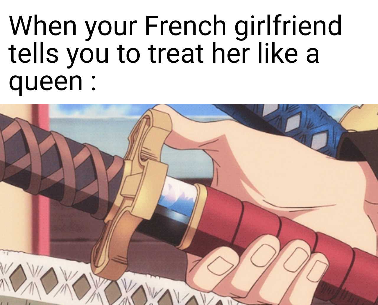 someone is holding a sword with a caption that reads when your french girlfriend tells you to treat her like a queen