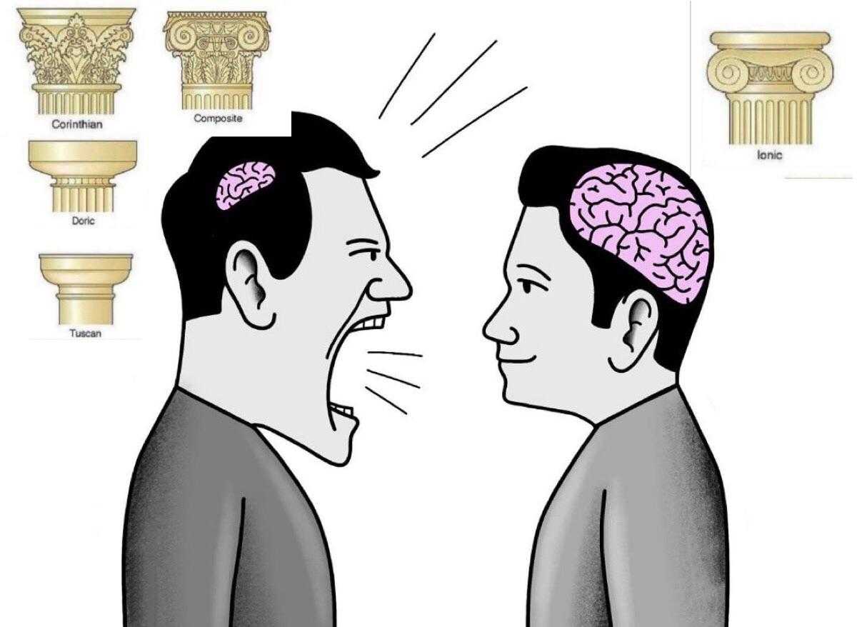 two men are talking to each other with a brain in the middle