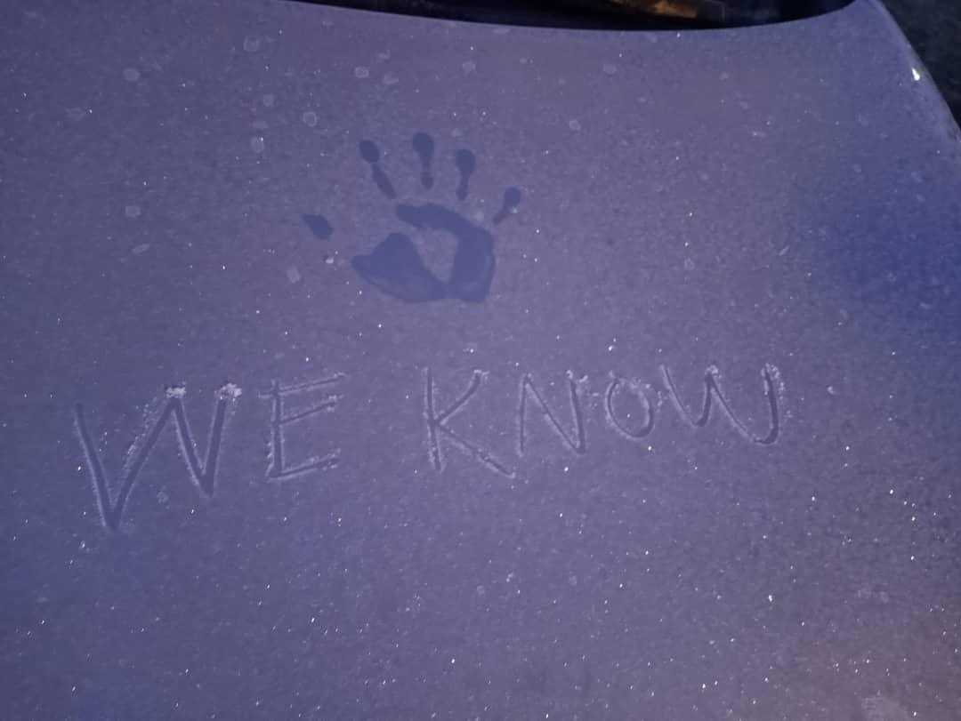 message written on the hood of a car with a paw print