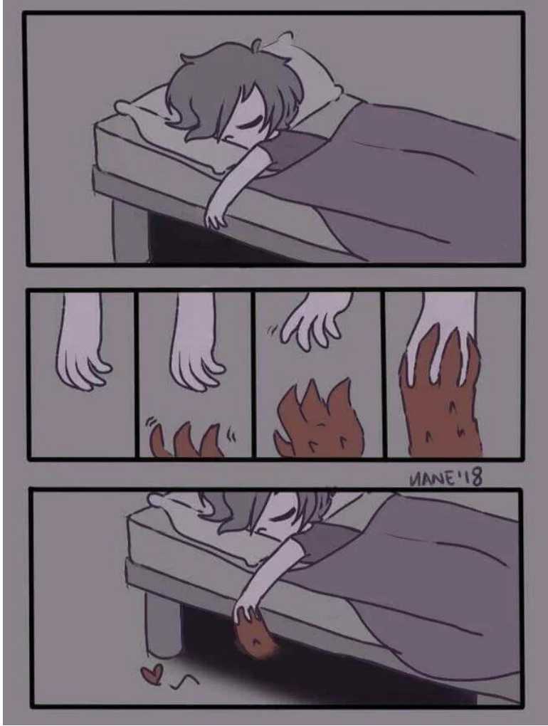 a cartoon of a person laying in bed with a cat on it