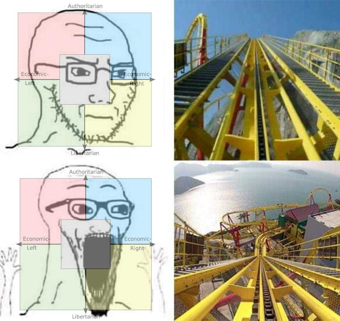 a close up of a picture of a roller coaster with a man on it