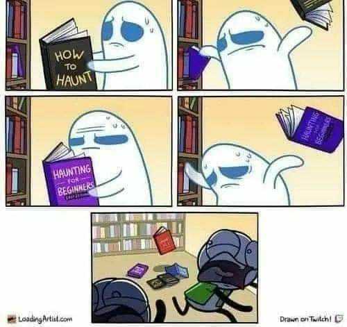 a cartoon of a comic strip with a picture of a ghost reading a book