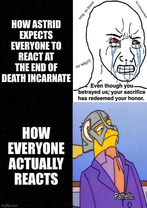 a cartoon picture of a man in a suit and tie with a caption of how everyone react to death