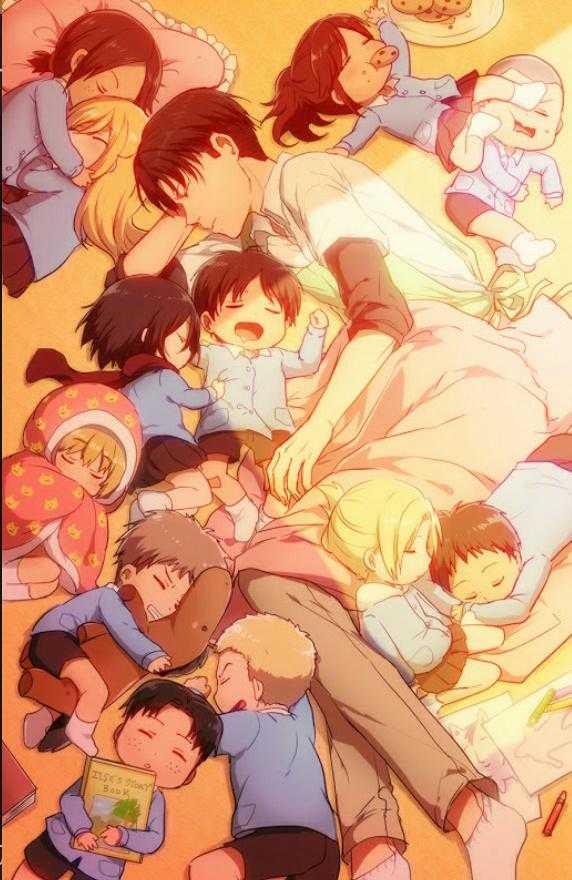 anime characters laying on a bed with a baby in the middle