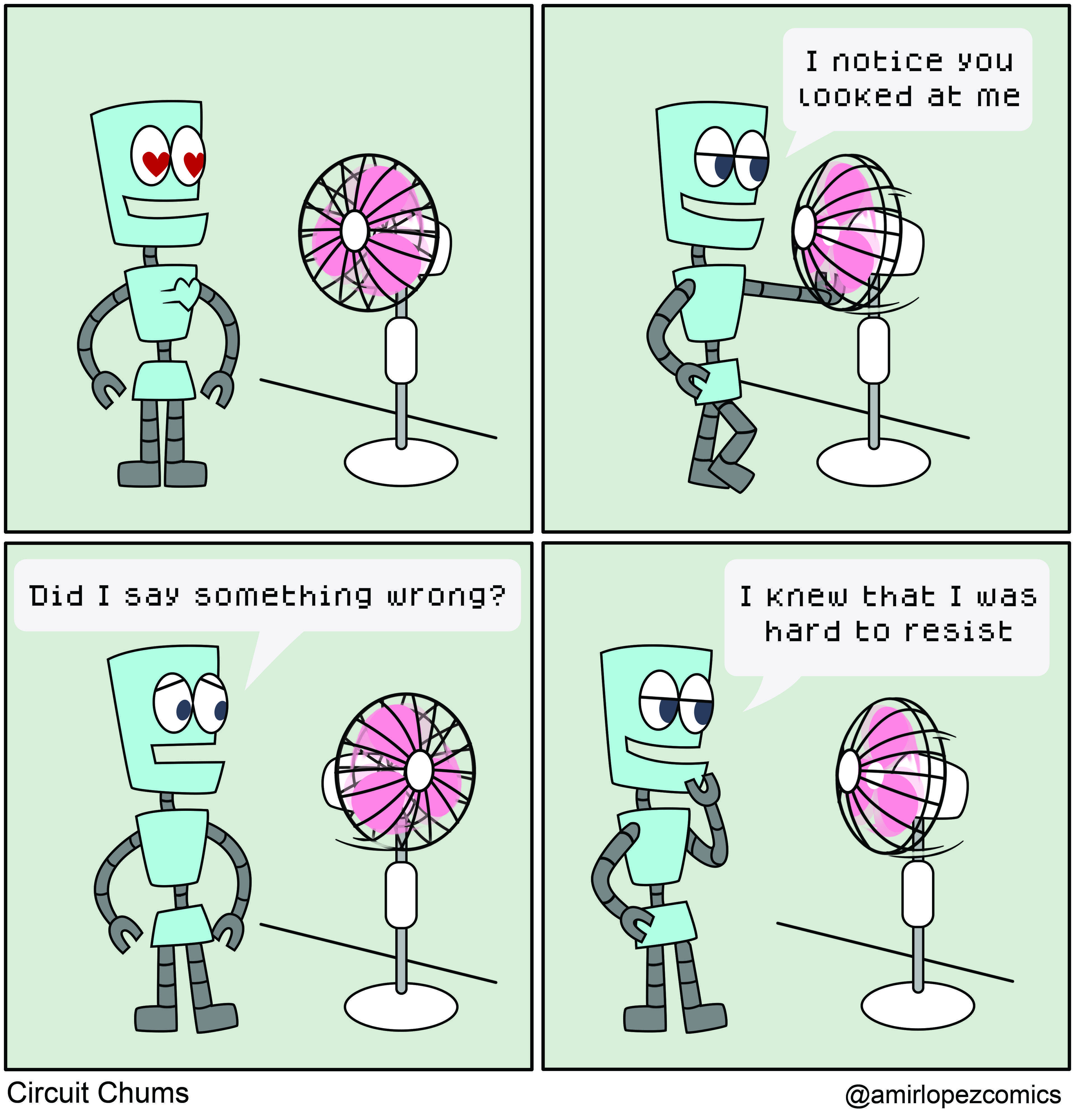 cartoon of a robot with a fan and a heart in the middle