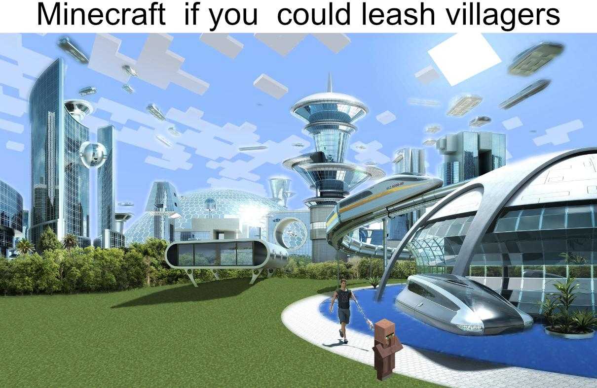 there are people walking around a futuristic city with a giant building