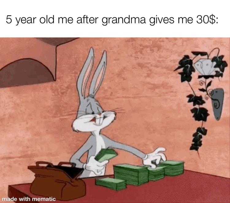 cartoon of a rabbit with money in front of a table